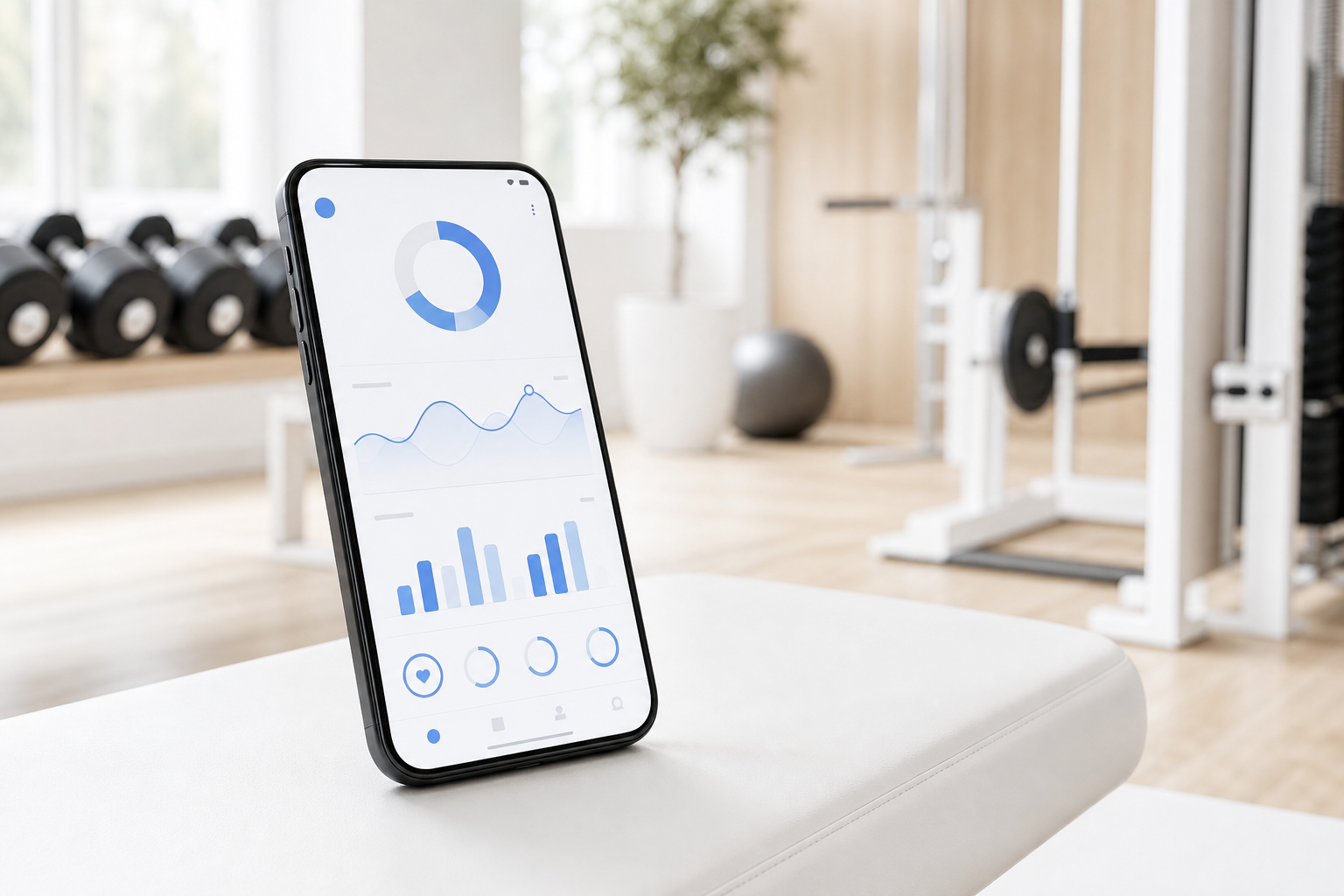 Smartphone showing a minimalist fitness dashboard in a bright gym