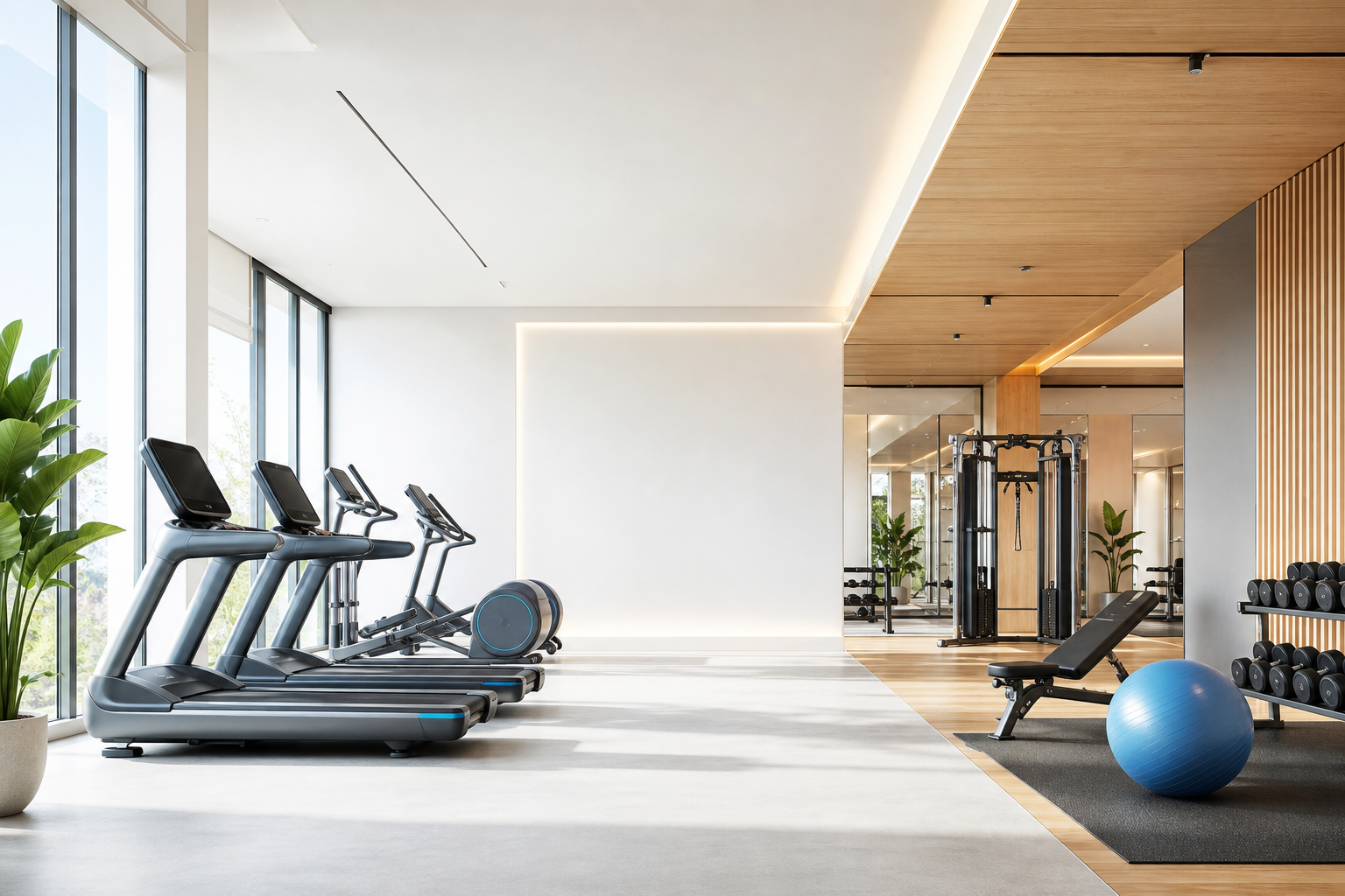 Bright, modern minimalist gym with blue accents